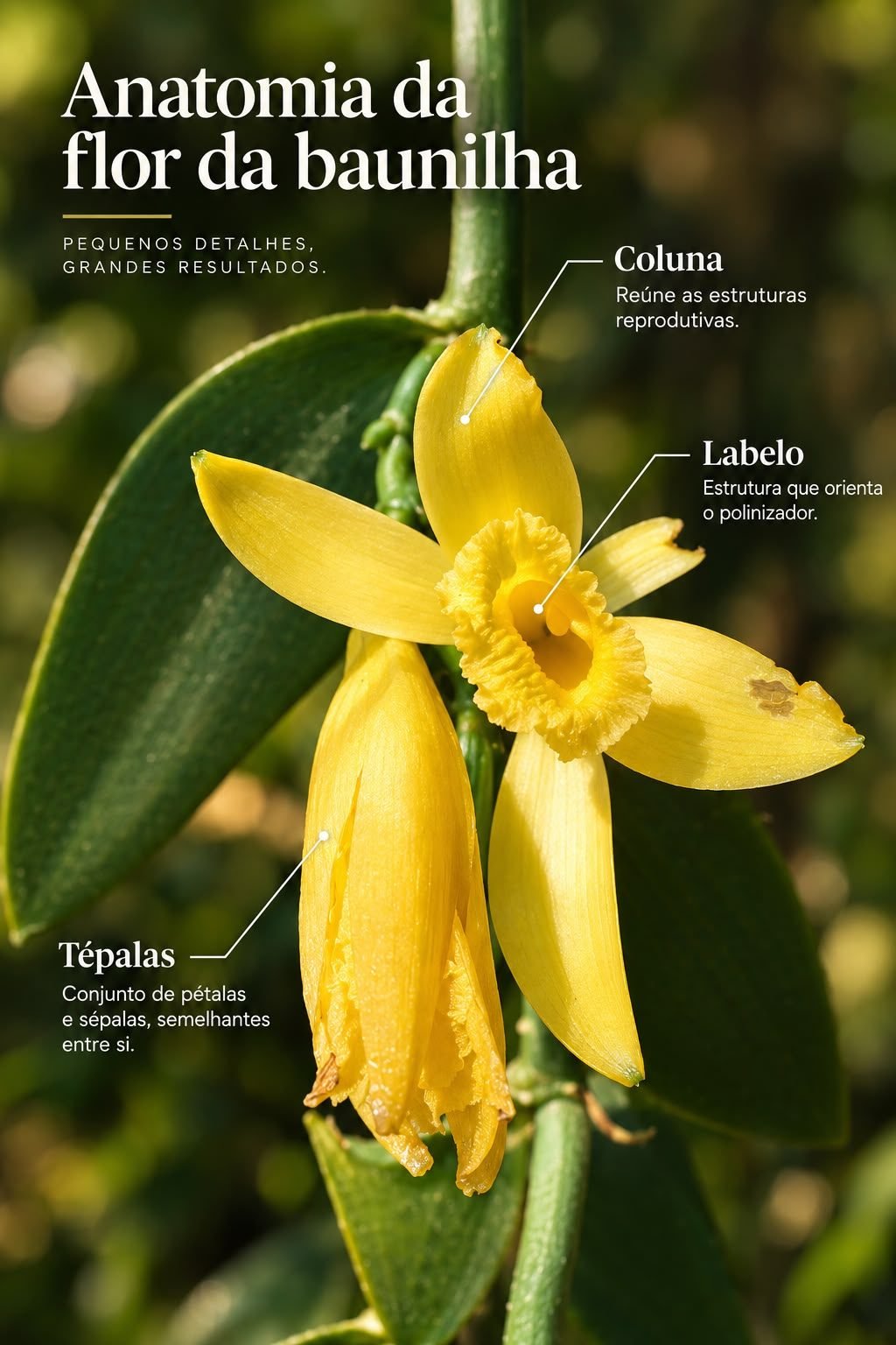 Infográfico “Anatomia da flor da baunilha”: flor amarela aberta com três partes indicadas. Coluna: reúne as estruturas reprodutivas. Labelo: estrutura que orienta o polinizador. Tépalas: conjunto de pétalas e sépalas, semelhantes entre si.